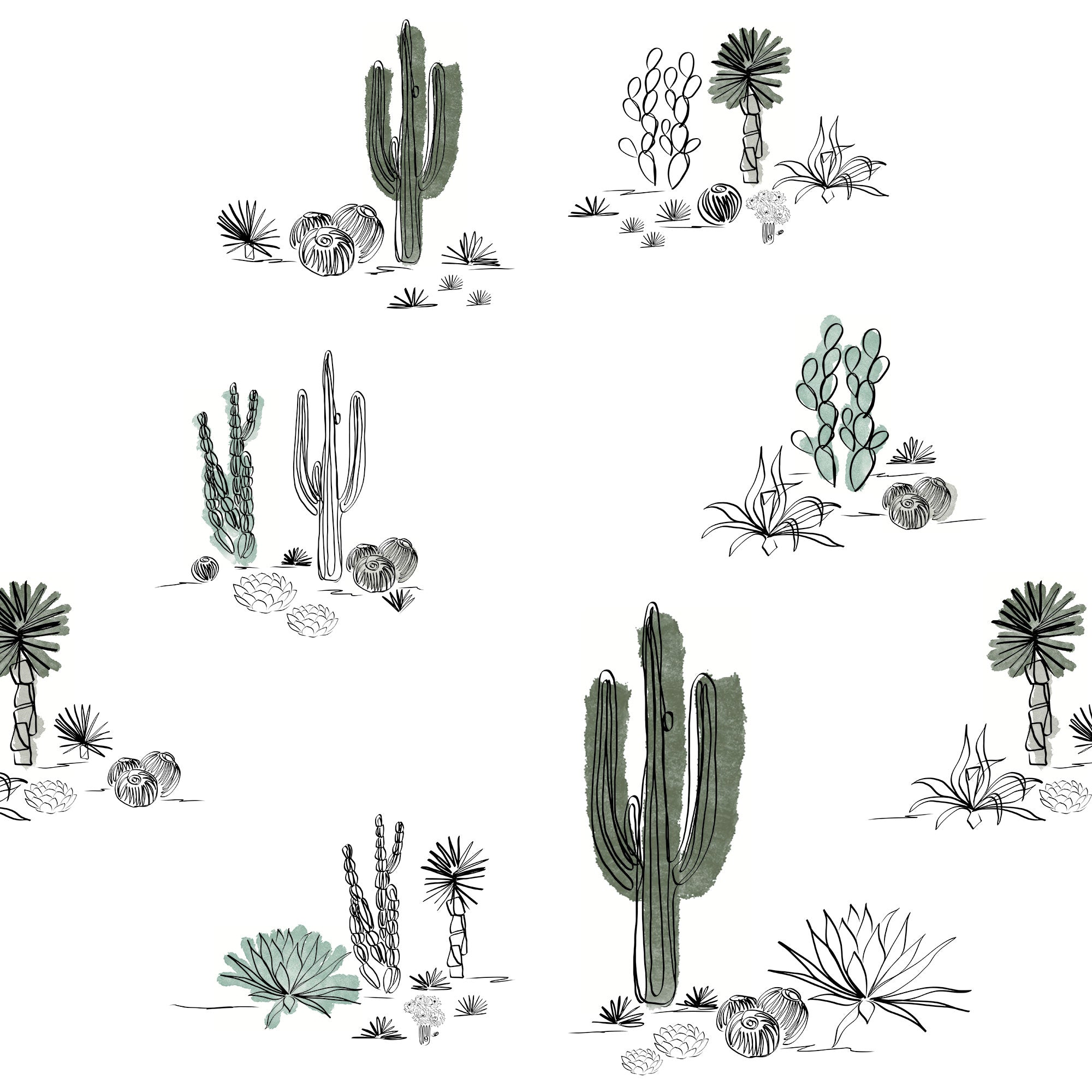 Hand drawn saguaro cacti and desert plants