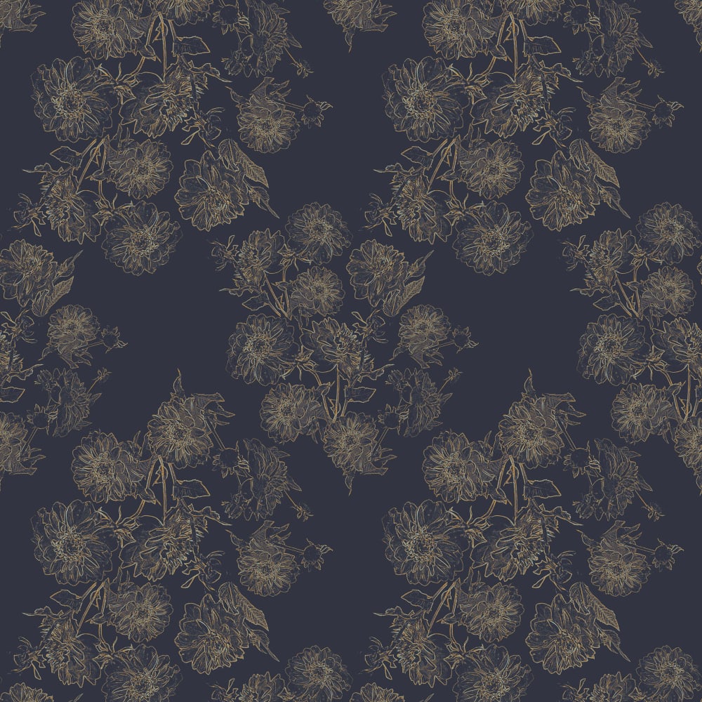 Gold dahlia clusters on a navy blue background half scale wallpaper