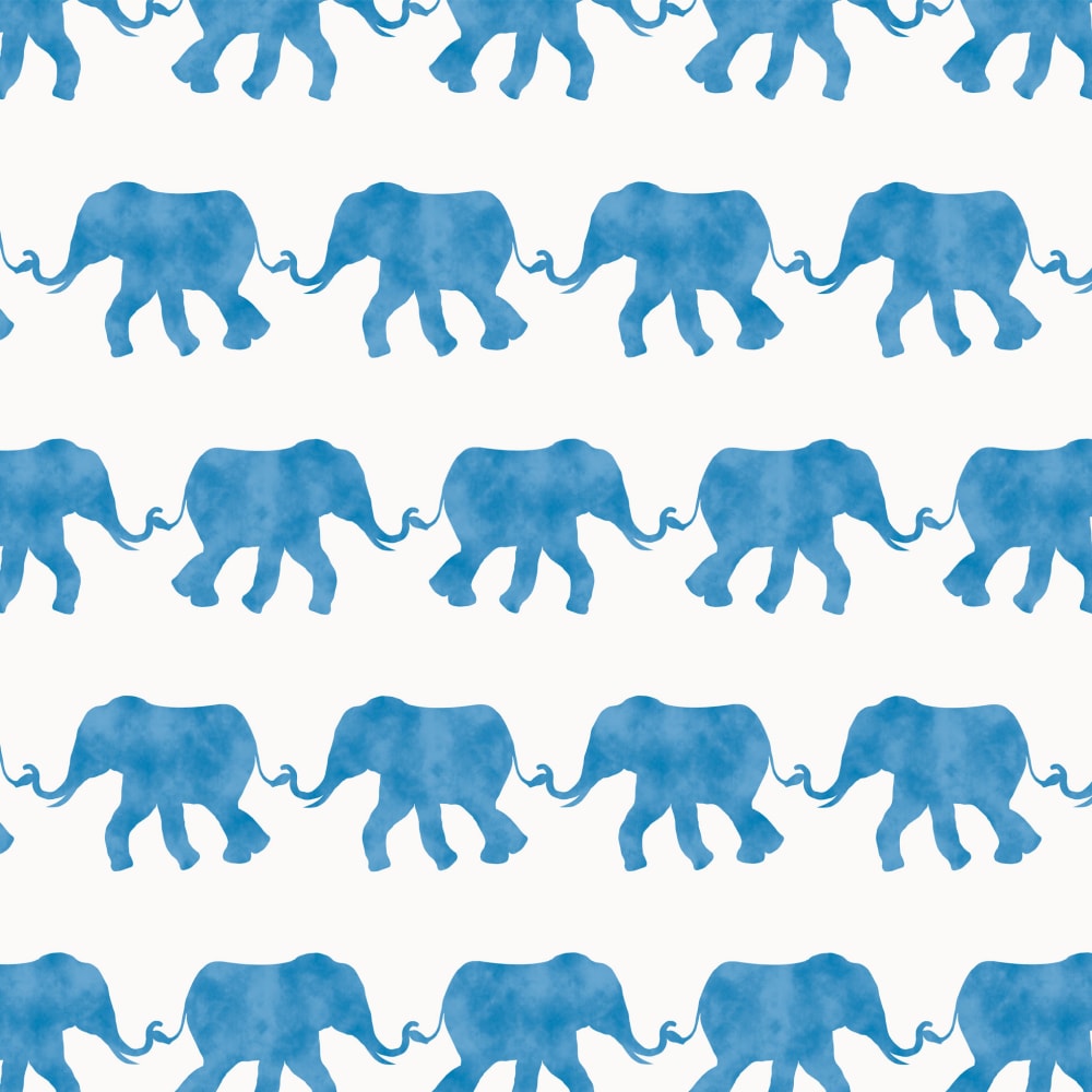 Cute drawn elephants on parade in neat rows, in blue color
