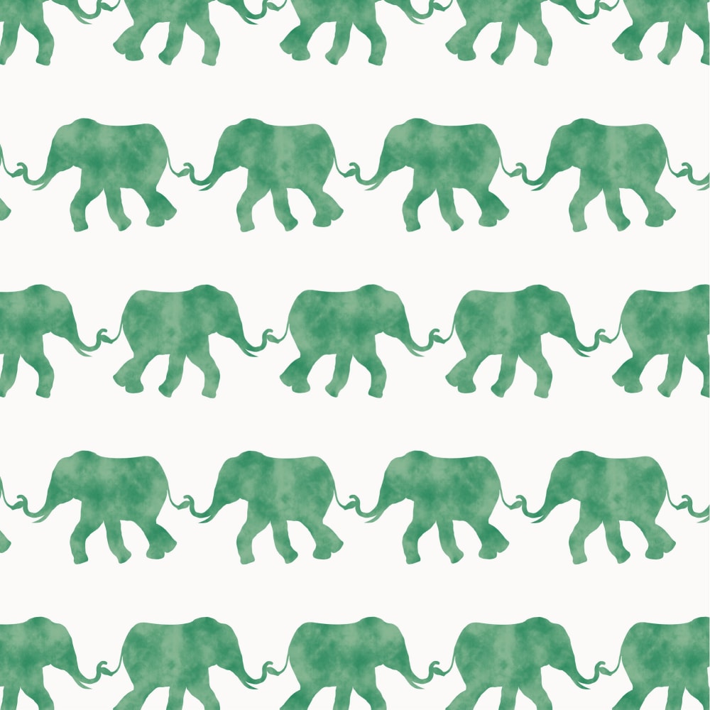 Cute drawn elephants on parade in neat rows, in jade color