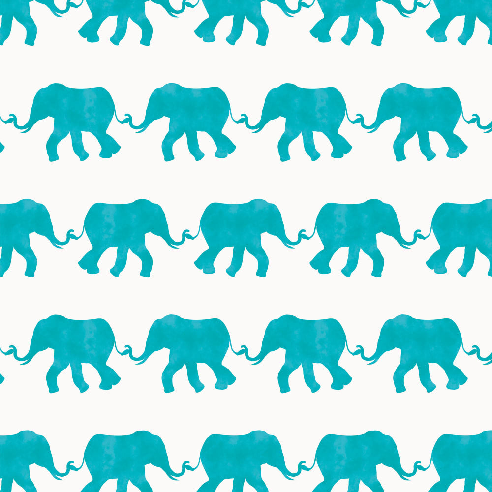 Cute drawn elephants on parade in neat rows, in turquoise color
