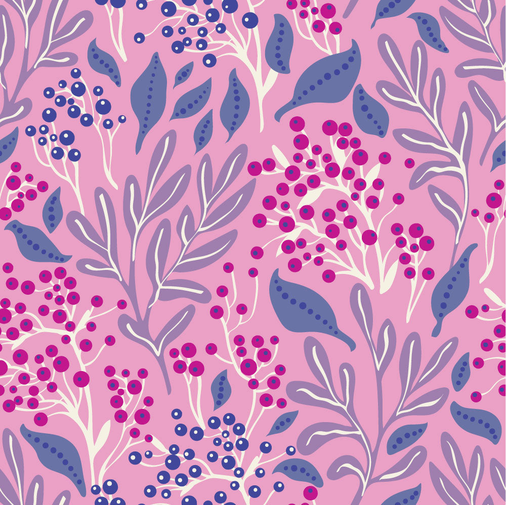 Bright fantastical berry bushes with ripe berries, in pink, slate, grey, purple and more