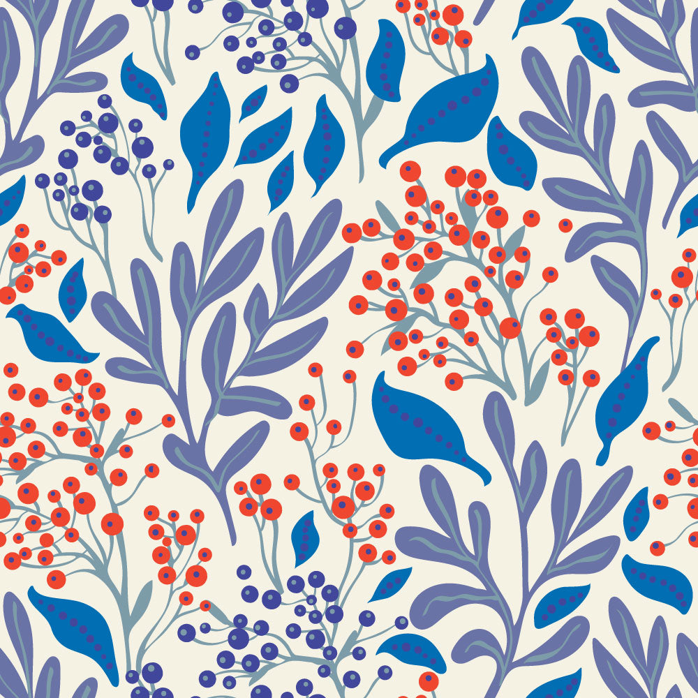 Bright fantastical berry bushes with ripe berries, in  blues, red, grey and more